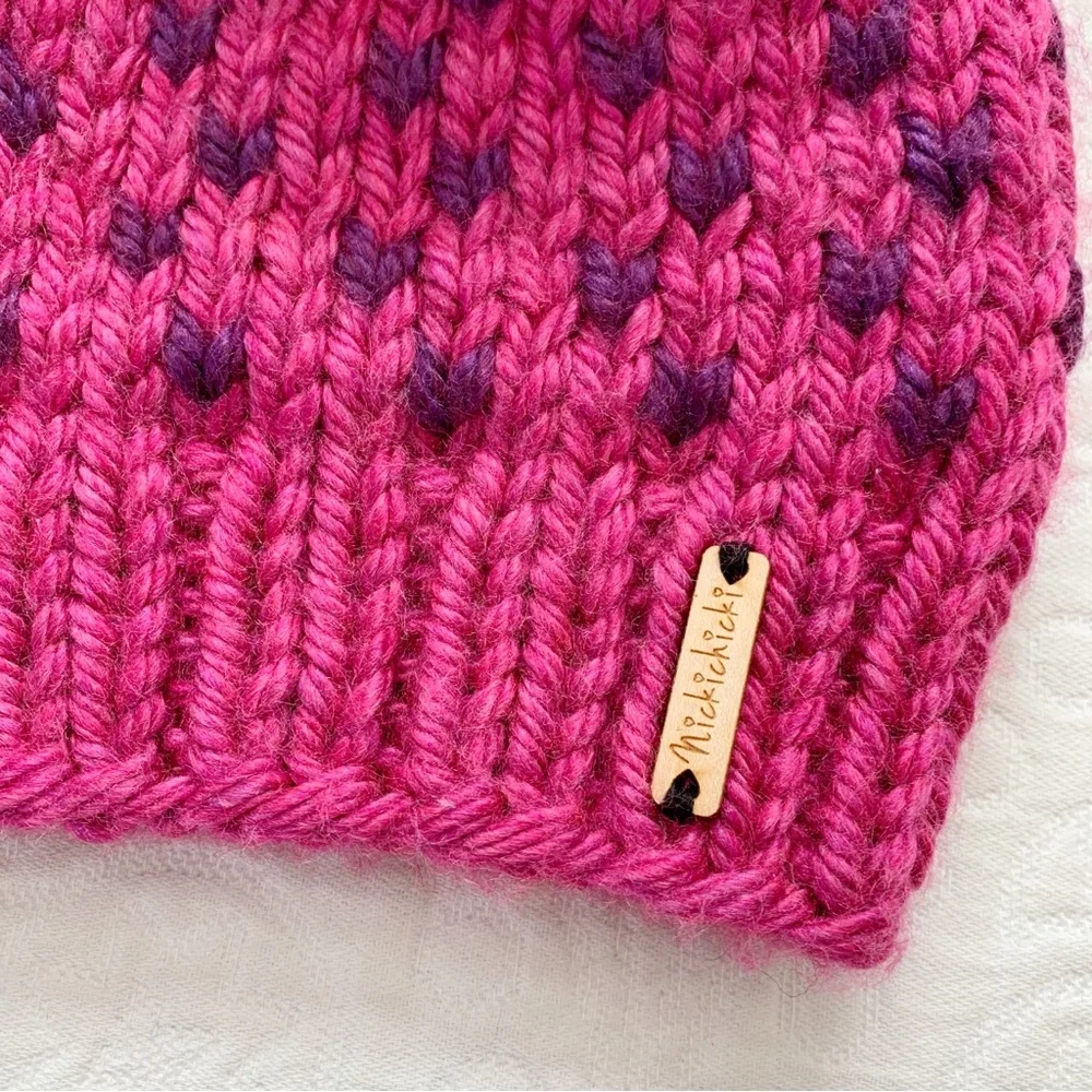 Nickichicki Girls’ Knit‎ Pom Pom Beanie, Pink / Purple Tiny Hearts (2-4 Years)